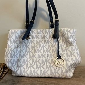 Michael Kors Navy & White Monogramed Tote Handbag